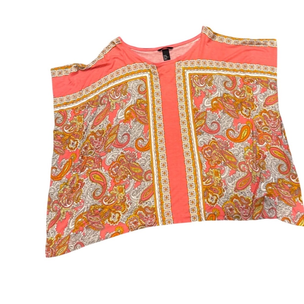 HM Womens M/L Bohemian Paisley Print Poncho Top Coral Pink Orange Viscose Hippie